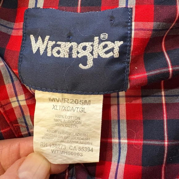 Wrangler Men's XL Tall Red Plaid Long Sleeve Western Shirt Cotton Cowboy - Picture 3 of 5
